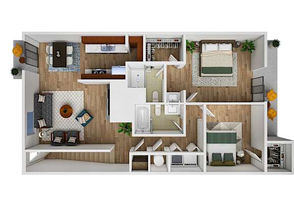 A 3D rendered image of a small apartment layout.