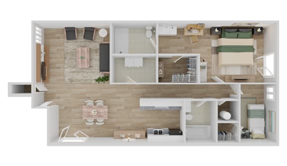 A top-down view of a modern apartment layout with a kitchen, living room, and bedrooms.