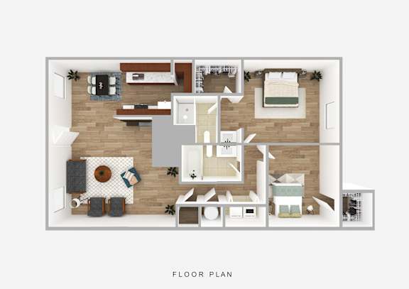 A floor plan of a house with a living room, kitchen, dining room, and bedrooms.