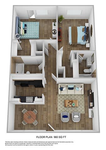 Floor Plan  2 bed 2 bath floor plan A at Azure Place Apartments, Tennessee