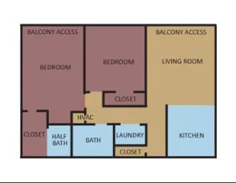 Floor Plan  A diagram of a house layout with two bedrooms, a living room, a kitchen, a half bath, a full bath, a laundry closet, and two closets.