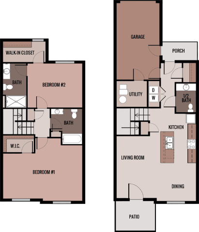 A floor plan of a two bedroom apartment with a living room, kitchen, and bathrooms.