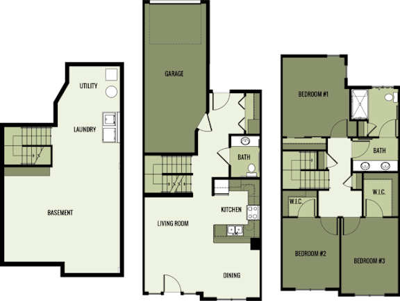 A floor plan of a house with three bedrooms, a garage, a living room, a dining area, a kitchen, a laundry room, a bathroom, a basement, and a utility room.