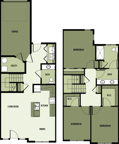 A floor plan of a house with three bedrooms, a living room, a dining room, a kitchen, a bath, a utility room, and a garage.