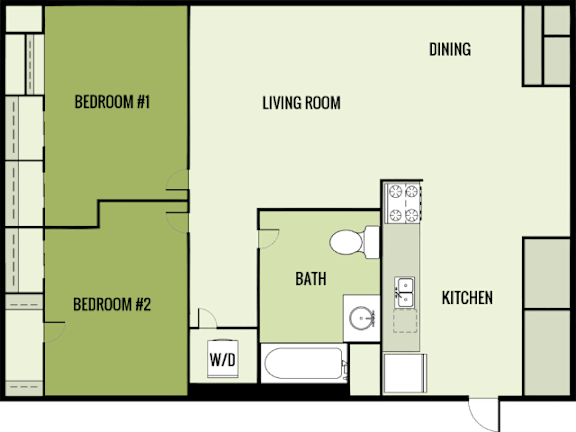 A floor plan of a small apartment with two bedrooms, a living room, a kitchen, a bathroom, and a dining area.
