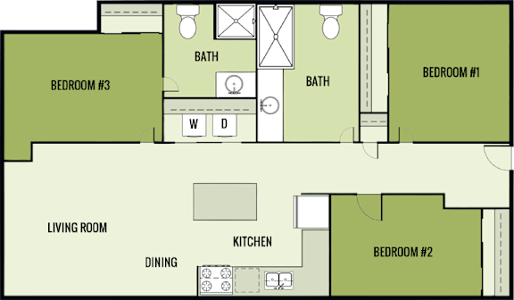 A floor plan of a house with three bedrooms, a living room, a dining area, a kitchen, and two bathrooms.
