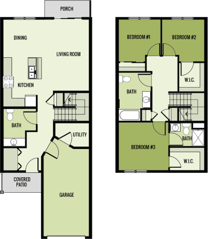 A floor plan of a house with a porch, three bedrooms, a living room, a kitchen, a dining area, a utility room, a covered patio, and a garage.