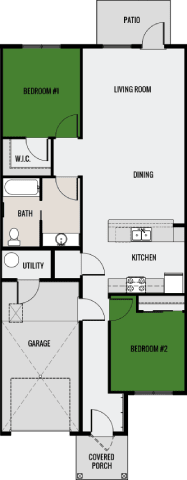 A floor plan of a house with a living room, dining room, kitchen, two bedrooms, a bathroom, a utility room, and a covered porch.