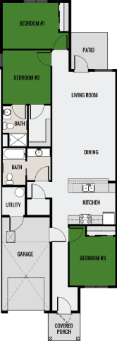 A floor plan of a house with three bedrooms, a garage, a pantry, a living room, a dining room, a kitchen, a covered porch, and a bathroom.