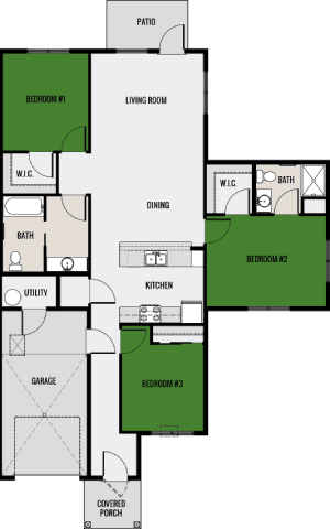 A floor plan of a house with three bedrooms and a garage.