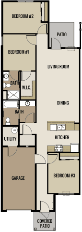 A floor plan of a house with three bedrooms, a living room, a dining area, a kitchen, a utility room, a garage, and a covered patio.