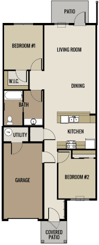 A floor plan of a house with a living room, dining room, kitchen, two bedrooms, a garage, and a covered patio.