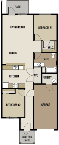 A floor plan of a house with a living room, dining room, kitchen, two bedrooms, a garage, a utility room, and a covered patio.