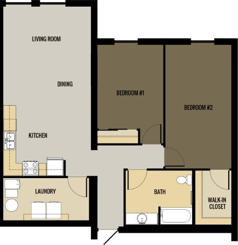 Floor Plan  A floor plan of a small apartment with two bedrooms, a living room, a dining area, a kitchen, a laundry room, and a bathroom with a walk-in closet.