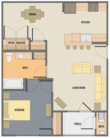 A floor plan of a house with a kitchen, living room, and bedroom.