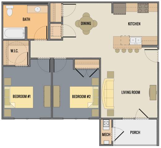 A floor plan of a house with two bedrooms, a living room, a kitchen, a dining room, a bathroom, a porch, and a workshop.