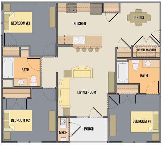 A floor plan of a house with three bedrooms, a living room, a kitchen, a dining area, a porch, and a mech.