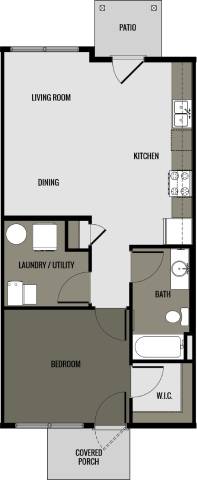 A floor plan of a house with a living room, kitchen, dining area, laundry/utility, bathroom, bedroom, and covered porch.