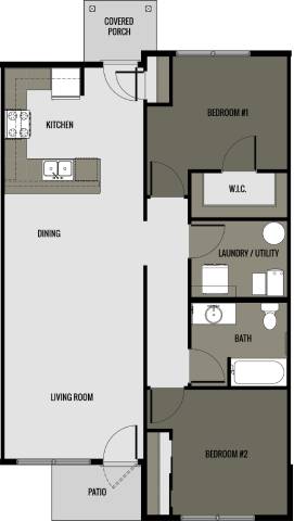 A floor plan of a house with a living room, kitchen, dining area, and two bedrooms.