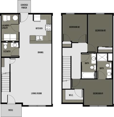 A floor plan of a house with a living room, kitchen, dining area, and three bedrooms.