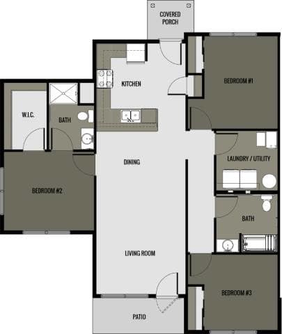 A floor plan of a house with labeled rooms such as kitchen, living room, and bedrooms.