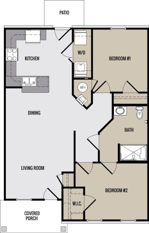 Floor Plan  A floor plan of a house with a living room, dining room, kitchen, two bedrooms, a bath, a patio, and a covered porch.