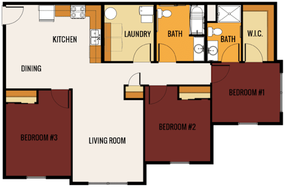 A floor plan of a house with three bedrooms, a living room, a dining area, a kitchen, a laundry room, and two bathrooms.