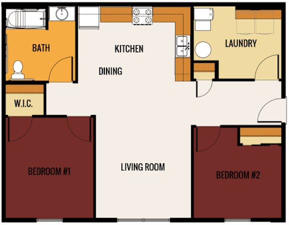 A floor plan of a small apartment with two bedrooms, a living room, a kitchen, a dining area, a bathroom, and a laundry room.
