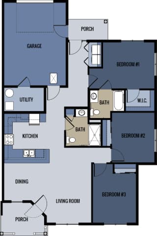 A floor plan of a house with three bedrooms, a garage, a living room, a dining area, a kitchen, a porch, and a utility space.