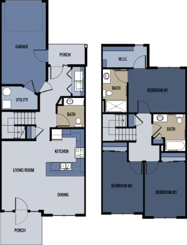 A floor plan of a house with three bedrooms, a living room, a dining area, a kitchen, a porch, a garage, and a utility space.