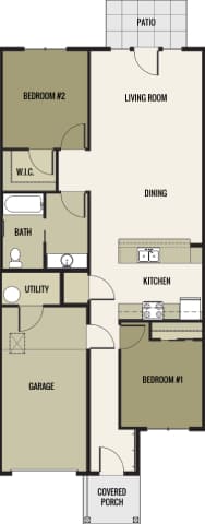 A floor plan of a house with two bedrooms, a living room, a dining area, a kitchen, a bathroom, a utility room, a garage, and a covered porch.