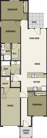 A floor plan of a house with three bedrooms, a garage, a living room, a dining room, a kitchen, a bathroom, a utility room, and a covered porch.