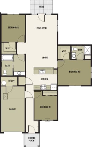 A floor plan of a house with a garage and a covered porch.