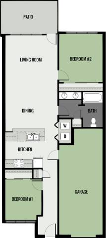 A floor plan of a house with a garage and two bedrooms.