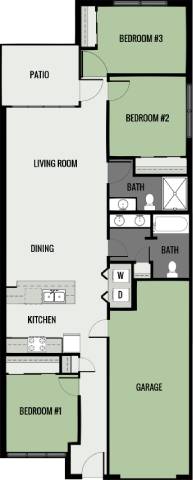 A floor plan of a house with a garage and three bedrooms.