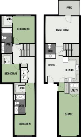 A floor plan of a house with three bedrooms, a living room, a dining room, a kitchen, a garage, and a patio.