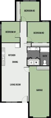 A floor plan of a house with three bedrooms, a garage, a living room, a dining area, a kitchen, and a bathroom.