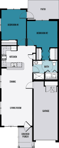 A floor plan of a house with two bedrooms, a living room, a kitchen, a bath, a dining area, a garage, and a covered porch.