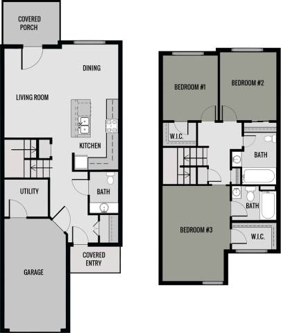 A floor plan of a house with a garage and three bedrooms.