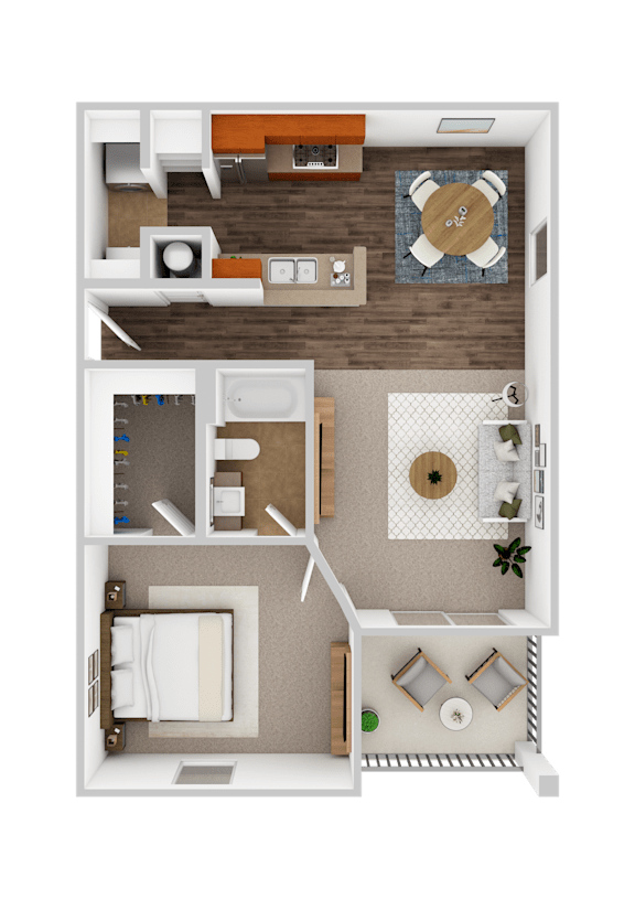A top-down view of a small apartment with a bedroom, living room, and kitchen.