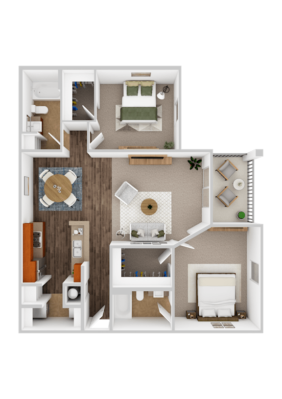 A 3D rendered image of a house layout.