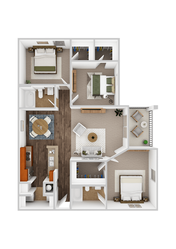 A 3D floor plan of a house with a living room, kitchen, and two bedrooms.