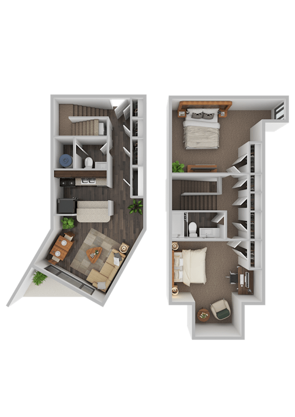 A 3D floor plan of a two-bedroom apartment.