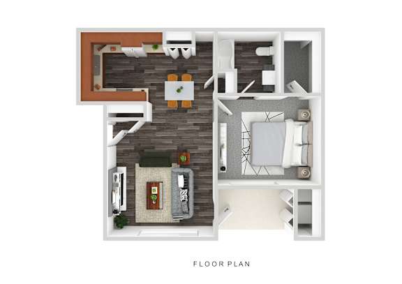 A floor plan of a small apartment with a kitchen, living room, and bathroom.
