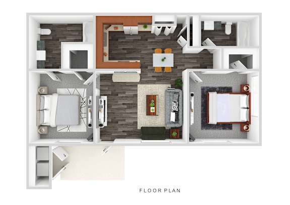 A floor plan of a house with a living room, kitchen, dining room, and bedrooms.