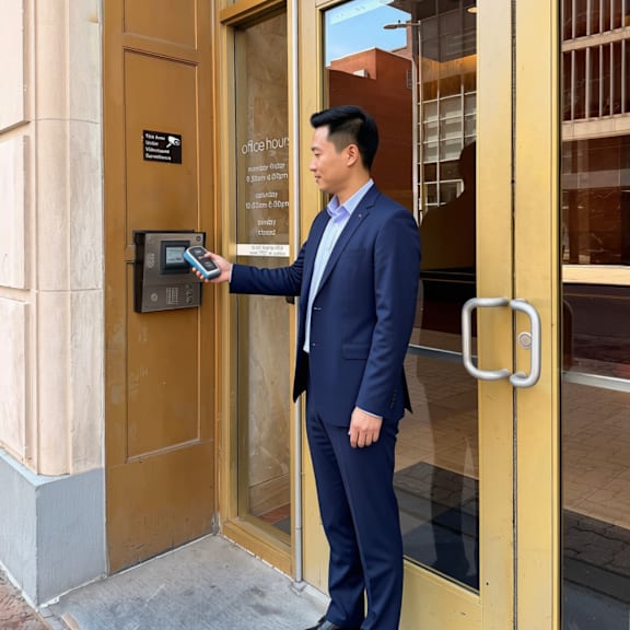 A man in a blue suit is opening a door.