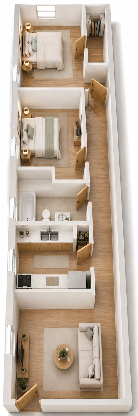 A top-down view of a modern, minimalist apartment with a kitchen, living room, and bedroom.