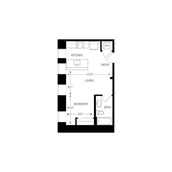 A floor plan of a small apartment with a kitchen, living room, and bathroom.