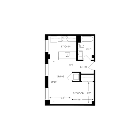 A floor plan of a small apartment with a living room, kitchen, bathroom and bedroom.