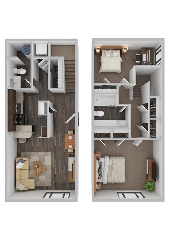 Two floor plans of a house with a kitchen, living room, and bedrooms.